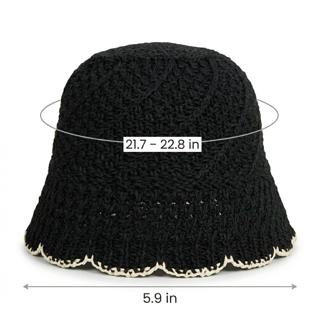 Crochet Straw Bucket Hat Scalloped Edge Wide Brim Summer Sun Hat