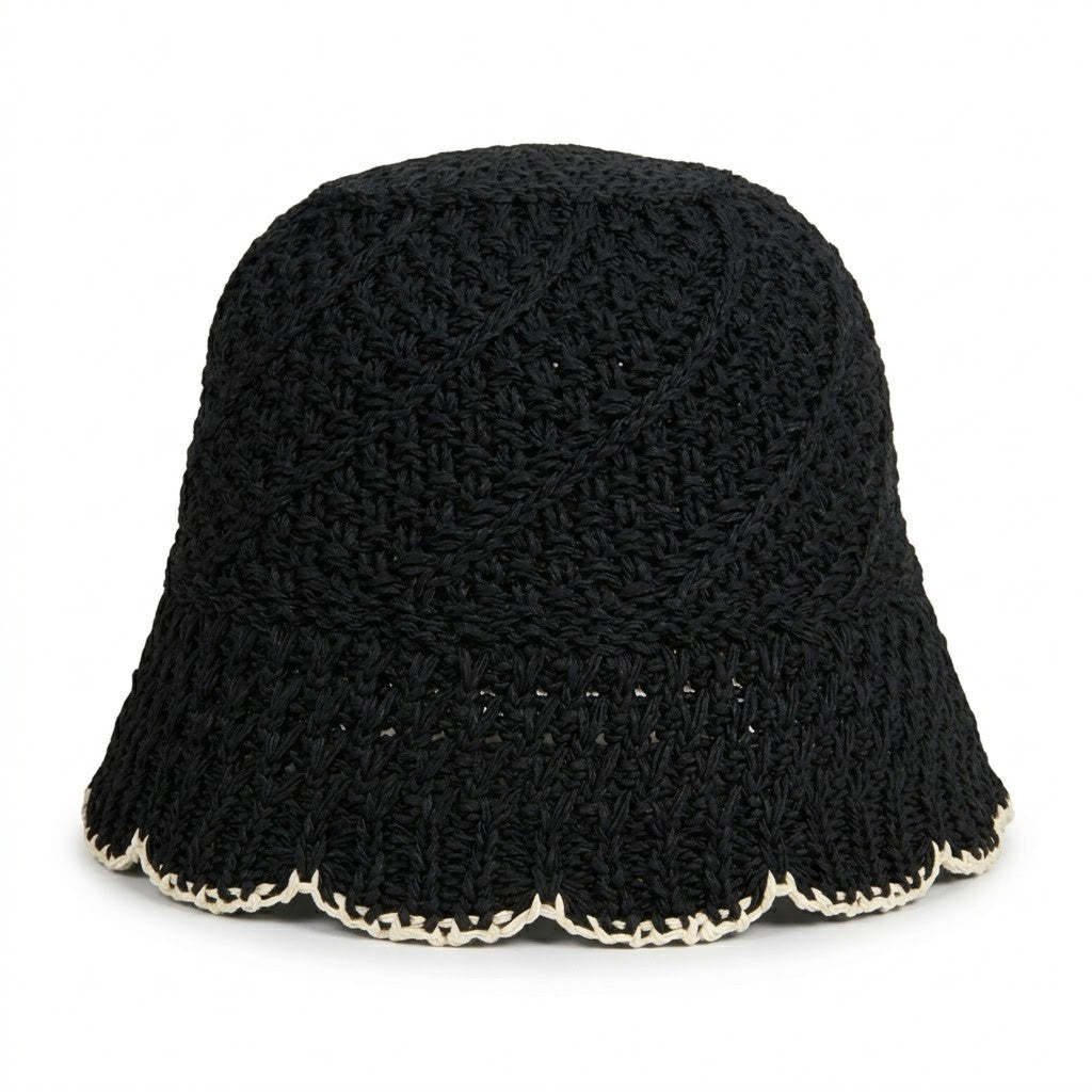 Crochet Straw Bucket Hat Scalloped Edge Wide Brim Summer Sun Hat