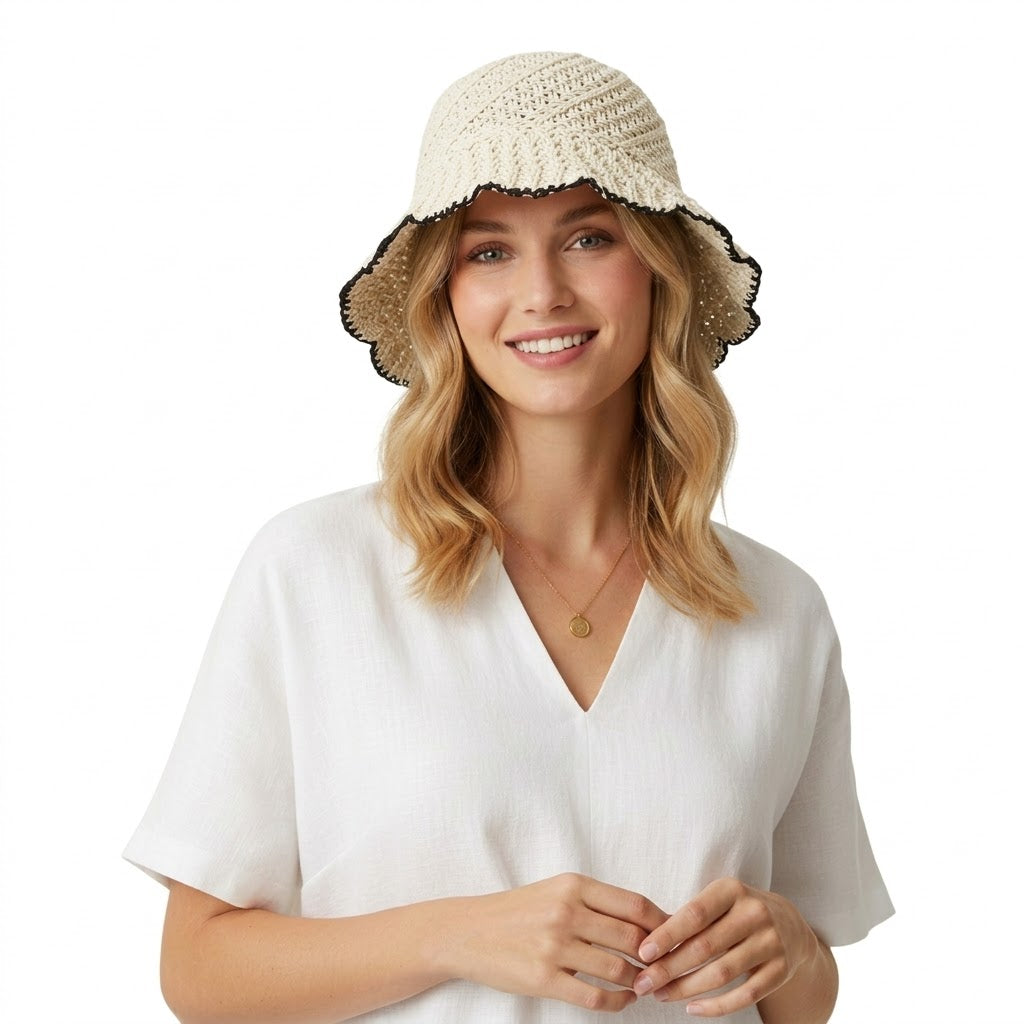 Crochet Straw Bucket Hat Scalloped Edge Wide Brim Summer Sun Hat