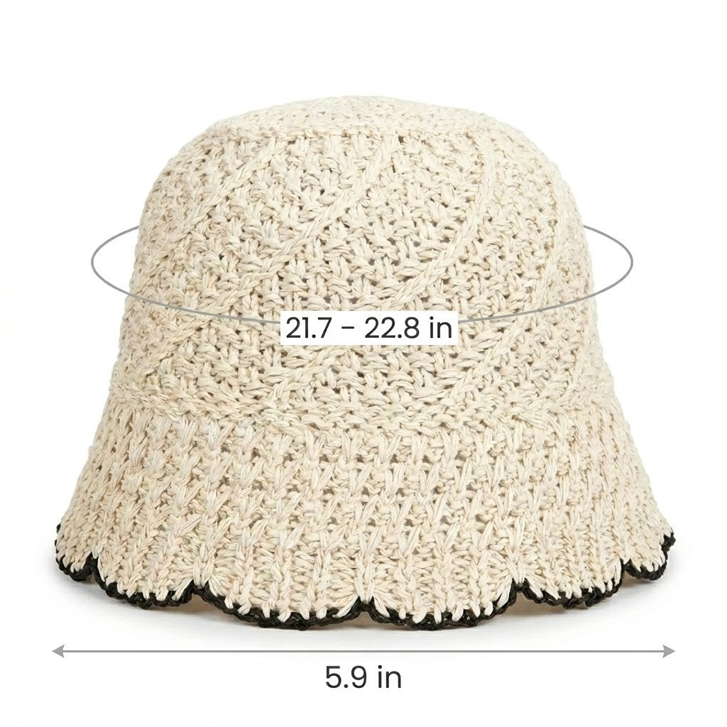 Crochet Straw Bucket Hat Scalloped Edge Wide Brim Summer Sun Hat