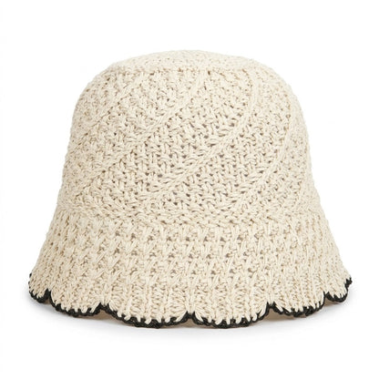 Crochet Straw Bucket Hat Scalloped Edge Wide Brim Summer Sun Hat