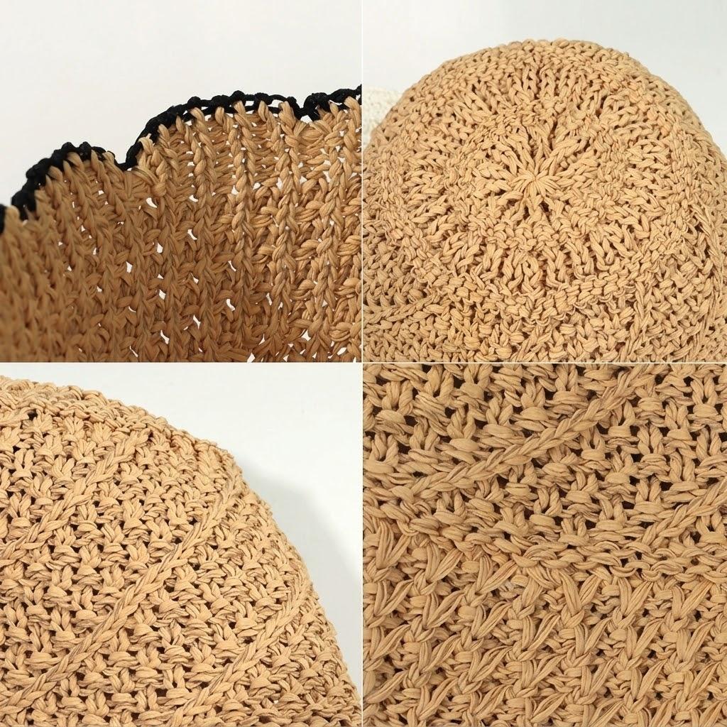 Crochet Straw Bucket Hat Scalloped Edge Wide Brim Summer Sun Hat