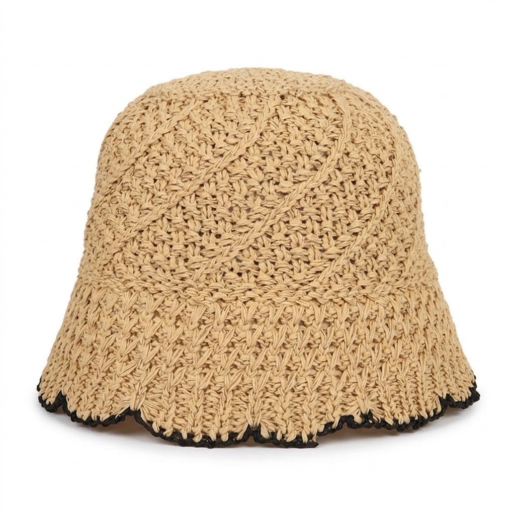 Crochet Straw Bucket Hat Scalloped Edge Wide Brim Summer Sun Hat