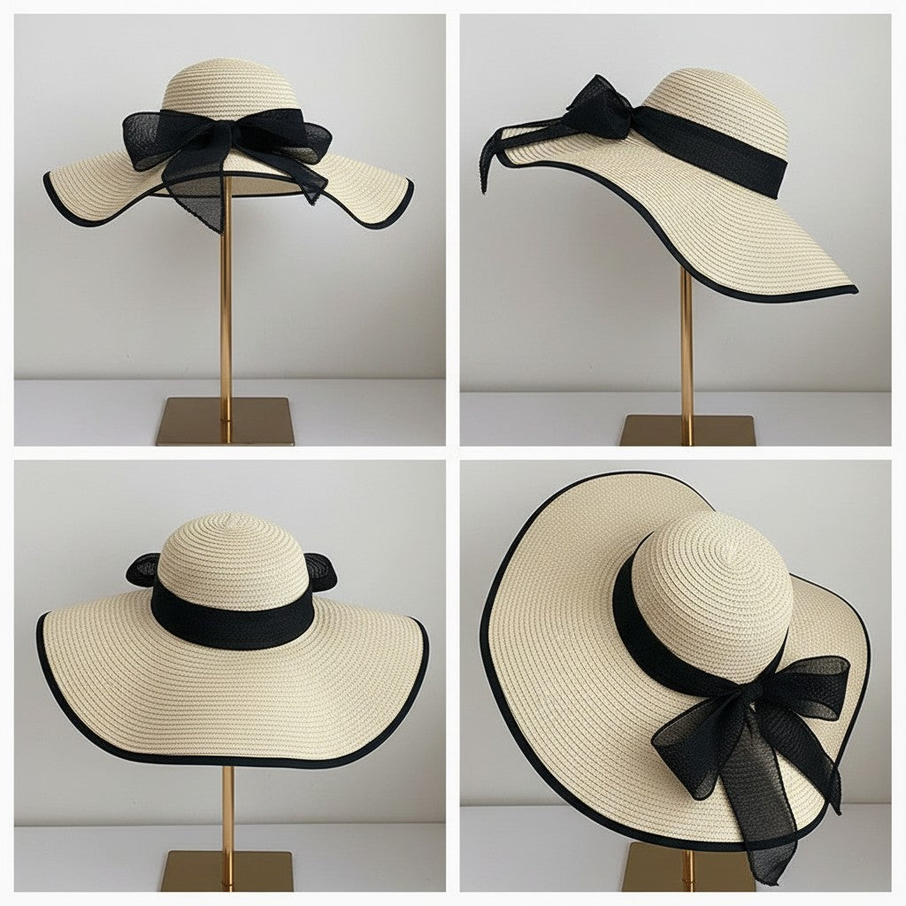Wide Brim Straw Sun Hat with Bow Tie Summer Beach Floppy Hat UV Protection