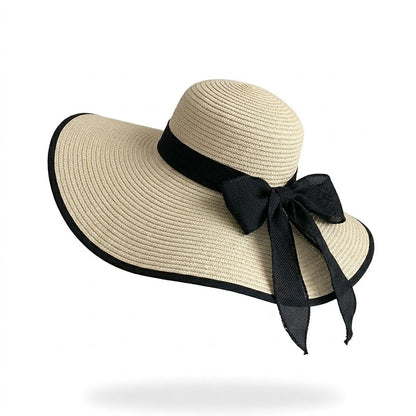 Wide Brim Straw Sun Hat with Bow Tie Summer Beach Floppy Hat UV Protection