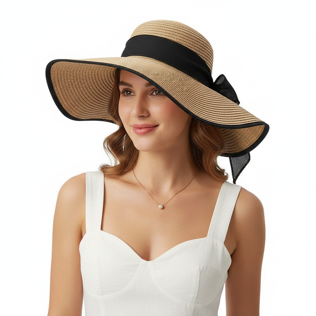 Wide Brim Straw Sun Hat with Bow Tie Summer Beach Floppy Hat UV Protection