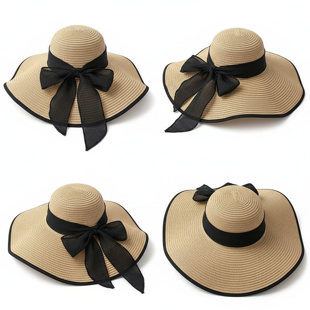 Wide Brim Straw Sun Hat with Bow Tie Summer Beach Floppy Hat UV Protection