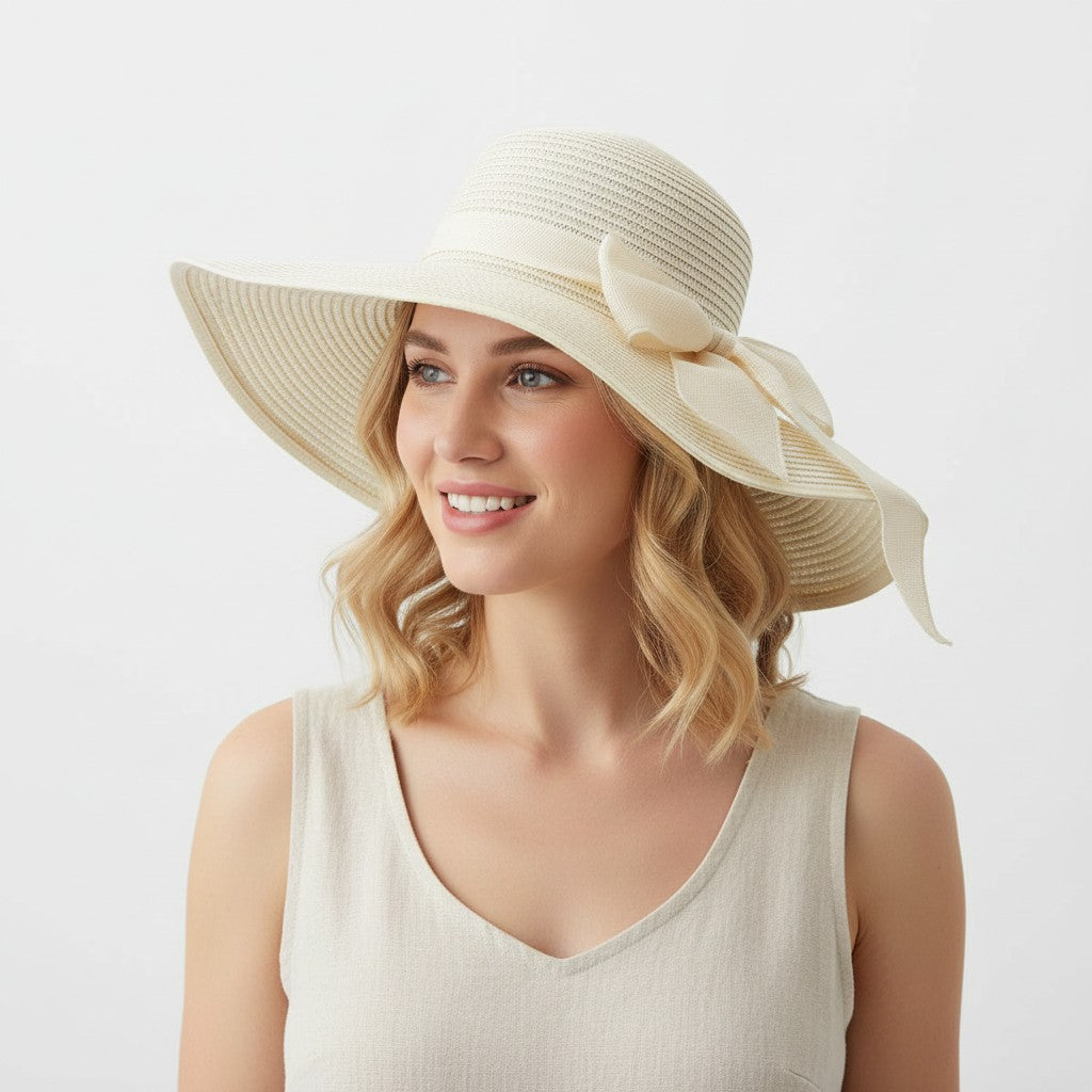 Wide Brim Straw Sun Hat with Bow Tie Summer Beach Floppy Hat UV Protection