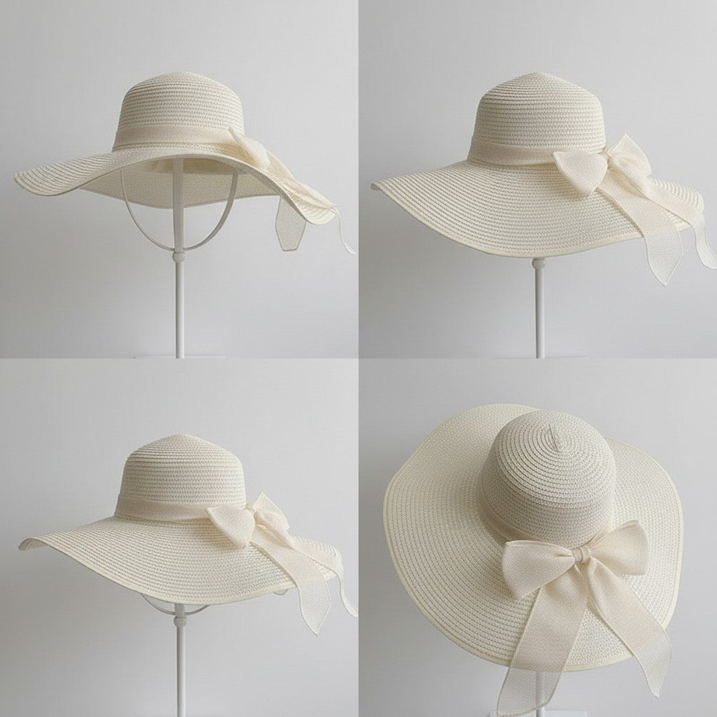 Wide Brim Straw Sun Hat with Bow Tie Summer Beach Floppy Hat UV Protection