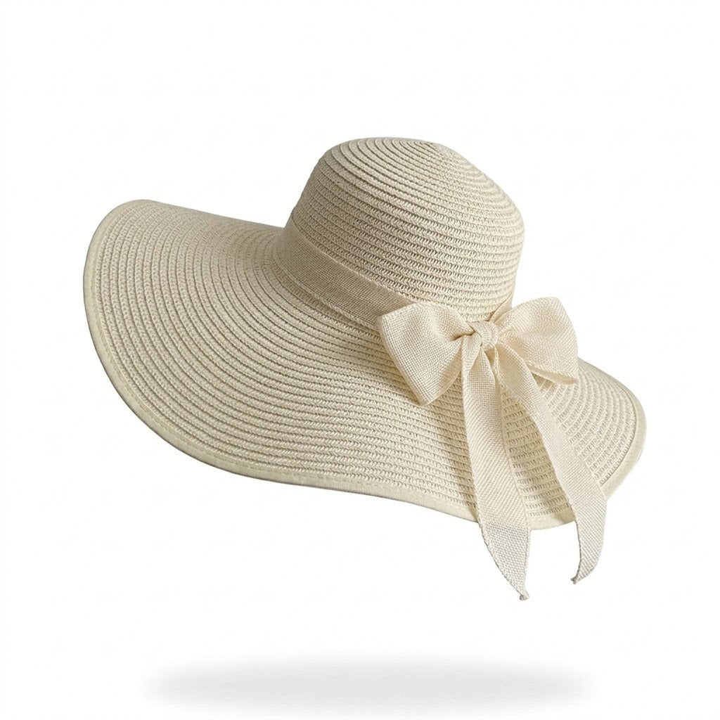 Wide Brim Straw Sun Hat with Bow Tie Summer Beach Floppy Hat UV Protection
