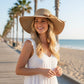 Wide Brim Straw Sun Hat with Bow Tie Summer Beach Floppy Hat UV Protection