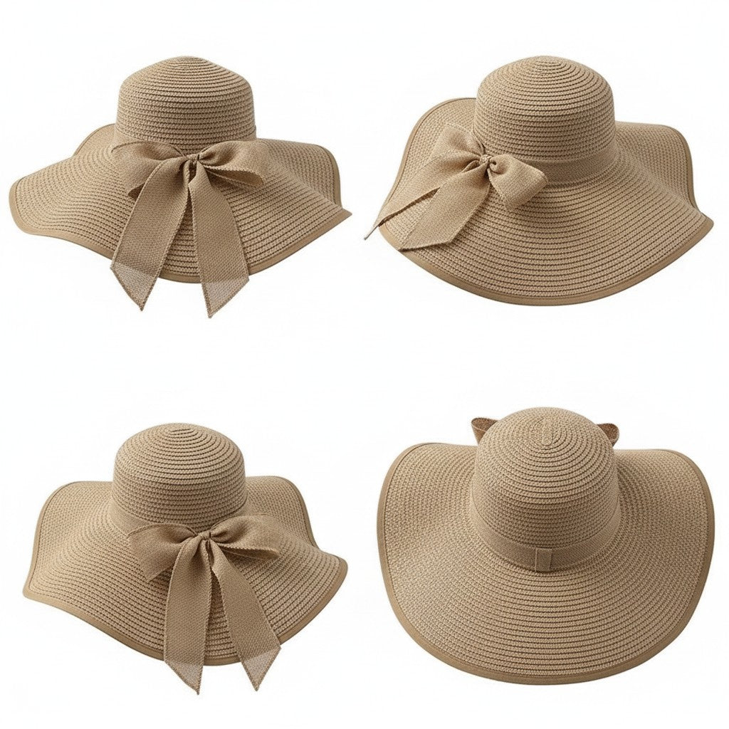 Wide Brim Straw Sun Hat with Bow Tie Summer Beach Floppy Hat UV Protection