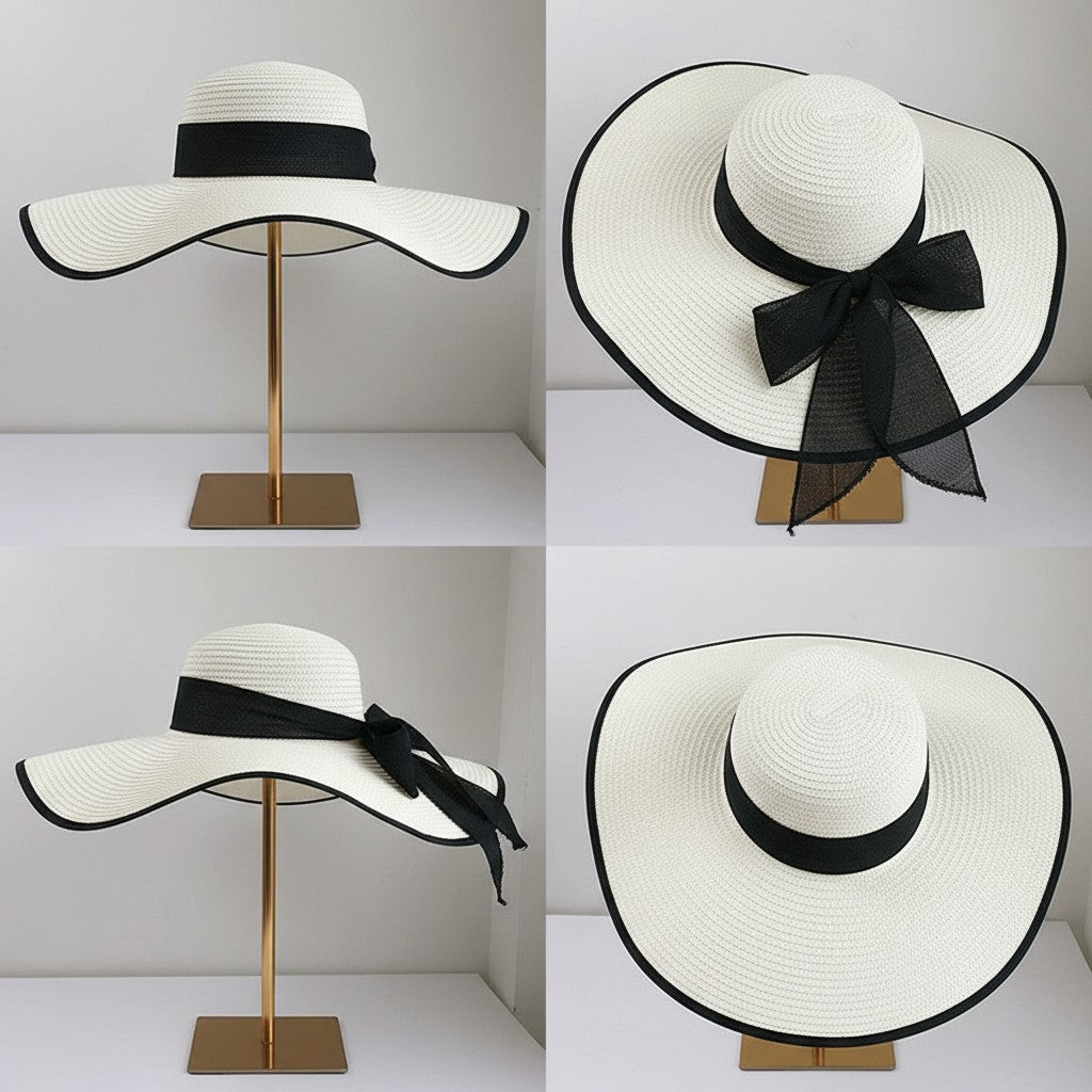 Wide Brim Straw Sun Hat with Bow Tie Summer Beach Floppy Hat UV Protection