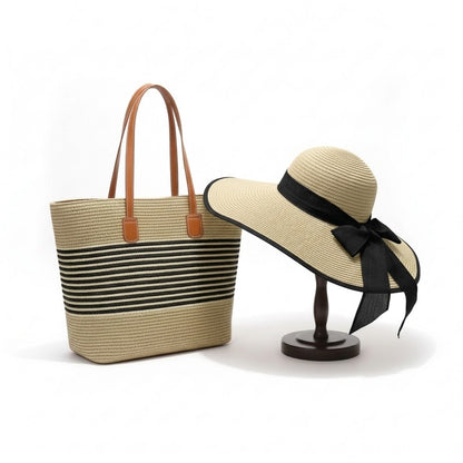 Wide Brim Straw Hat with Matching Tote Bag Bow Detail Summer Beach Set