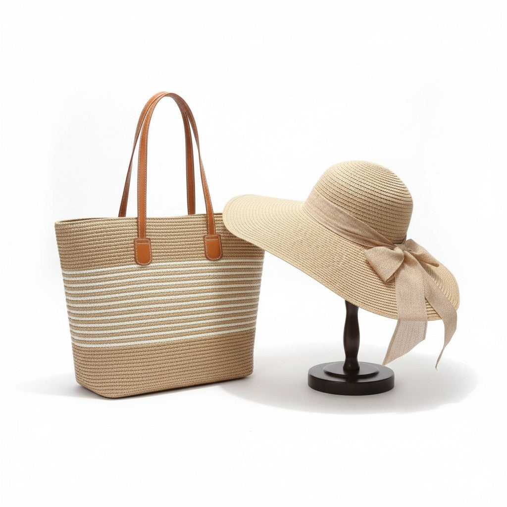Wide Brim Straw Hat with Matching Tote Bag Bow Detail Summer Beach Set