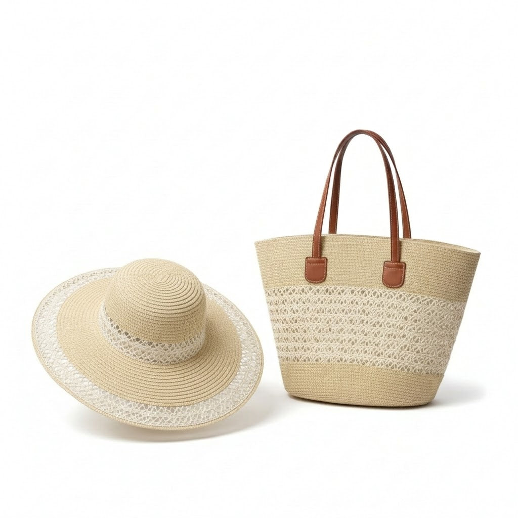 Straw Sun Hat & Tote Bag Set, Wide Brim Beach Hat with Woven Summer Handbag