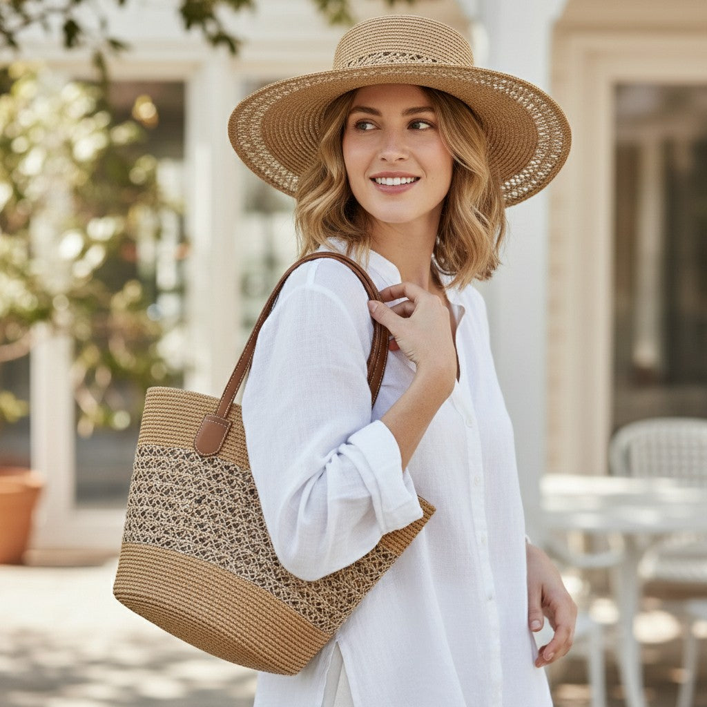 Straw Sun Hat & Tote Bag Set, Wide Brim Beach Hat with Woven Summer Handbag