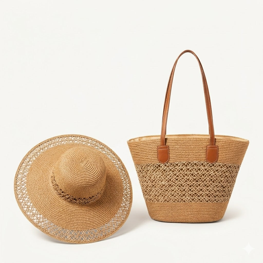 Straw Sun Hat & Tote Bag Set, Wide Brim Beach Hat with Woven Summer Handbag