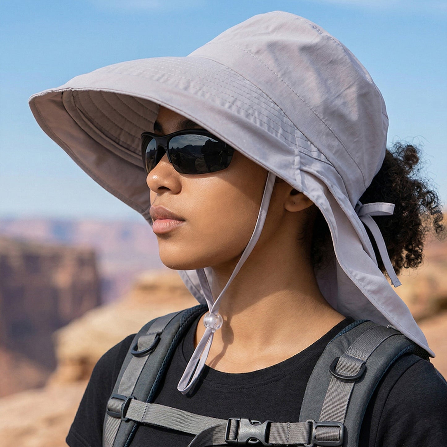 Wide Brim Sun Hat with Neck Flap Ponytail Opening Water Resistant Outdoor Hat for Women