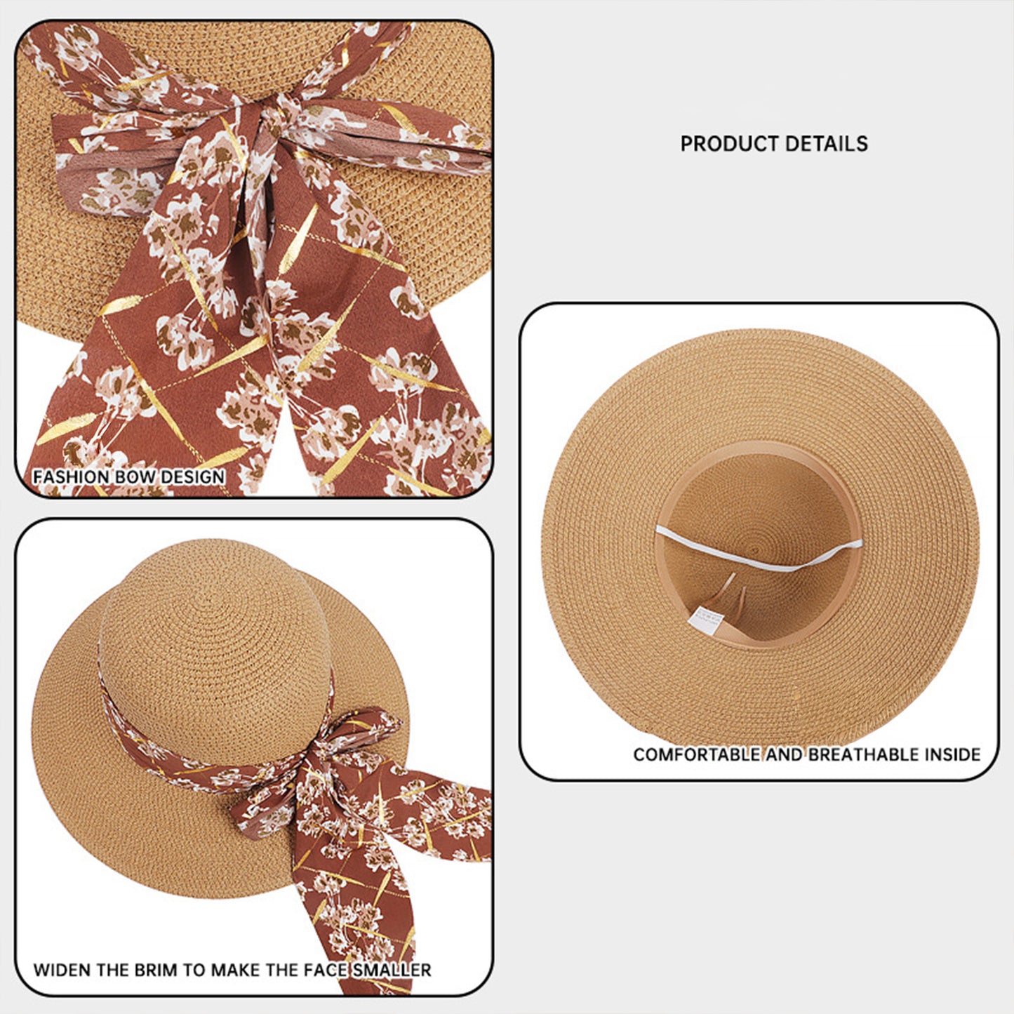 Wide Brim Straw Sun Hat Floral Bow Ribbon Summer Beach Hat Adjustable Fit Lightweight