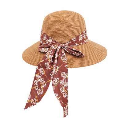Wide Brim Straw Sun Hat Floral Bow Ribbon Summer Beach Hat Adjustable Fit Lightweight