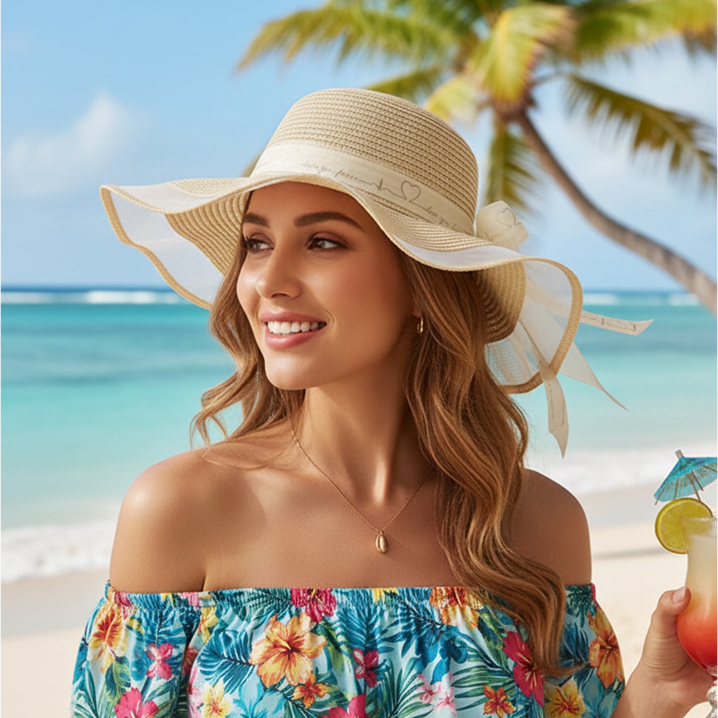 Wide Brim Straw Sun Hat Sheer Mesh Trim Bow Ribbon Summer Beach Hat Elegant Style