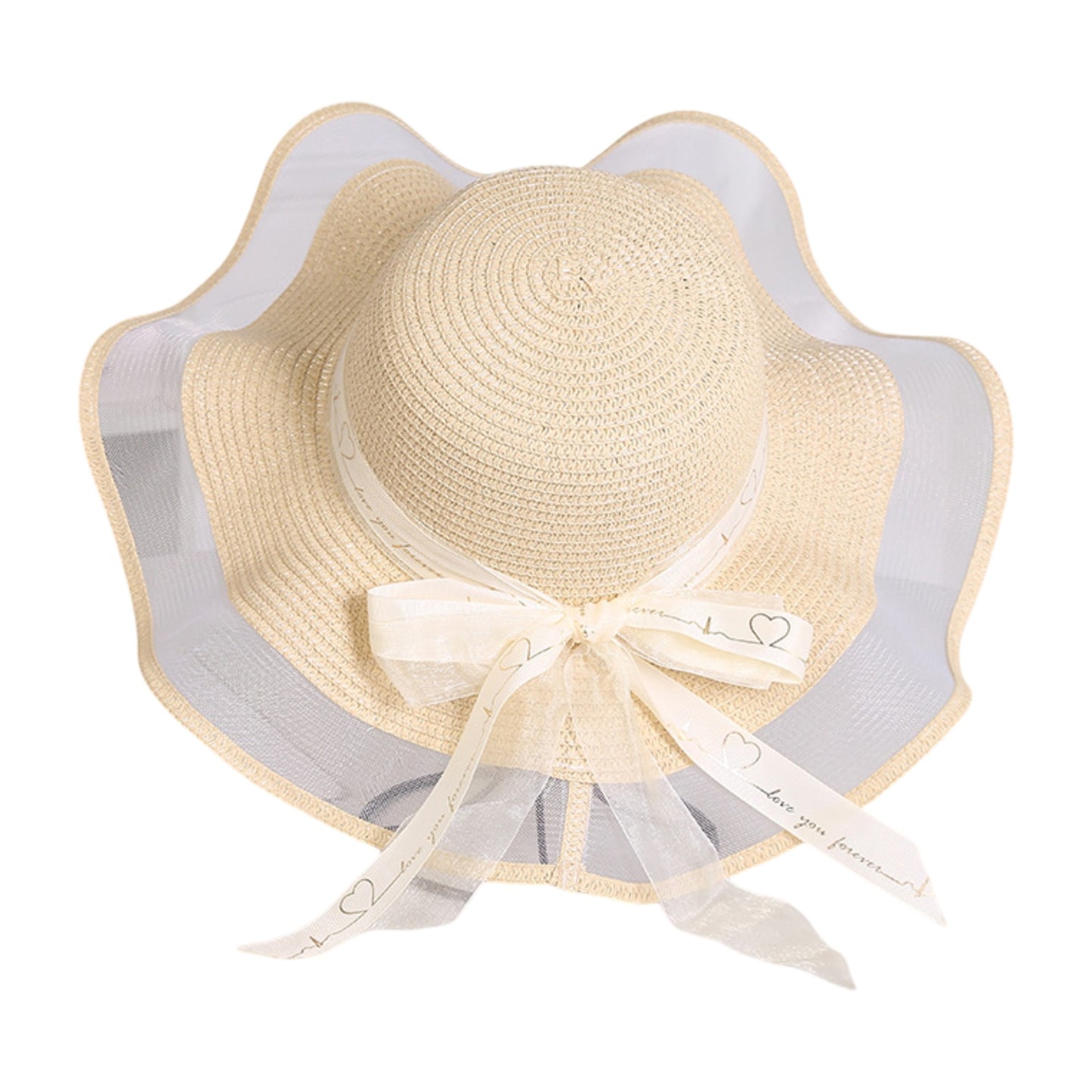 Wide Brim Straw Sun Hat Sheer Mesh Trim Bow Ribbon Summer Beach Hat Elegant Style