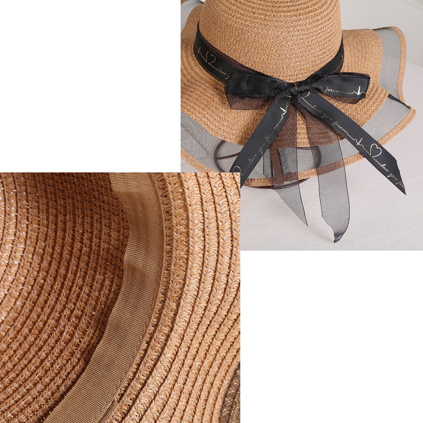 Wide Brim Straw Sun Hat Sheer Mesh Trim Bow Ribbon Summer Beach Hat Elegant Style