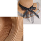Wide Brim Straw Sun Hat Sheer Mesh Trim Bow Ribbon Summer Beach Hat Elegant Style
