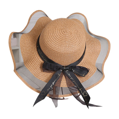 Wide Brim Straw Sun Hat Sheer Mesh Trim Bow Ribbon Summer Beach Hat Elegant Style