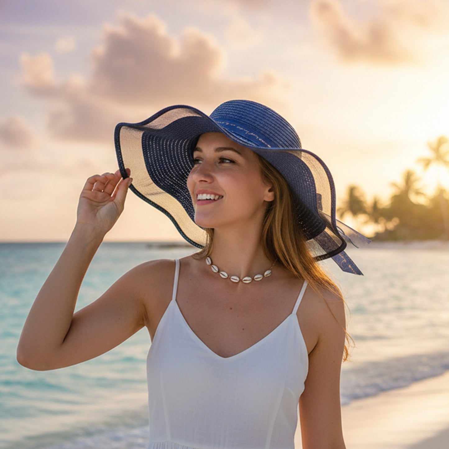 Wide Brim Straw Sun Hat Sheer Mesh Trim Bow Ribbon Summer Beach Hat Elegant Style