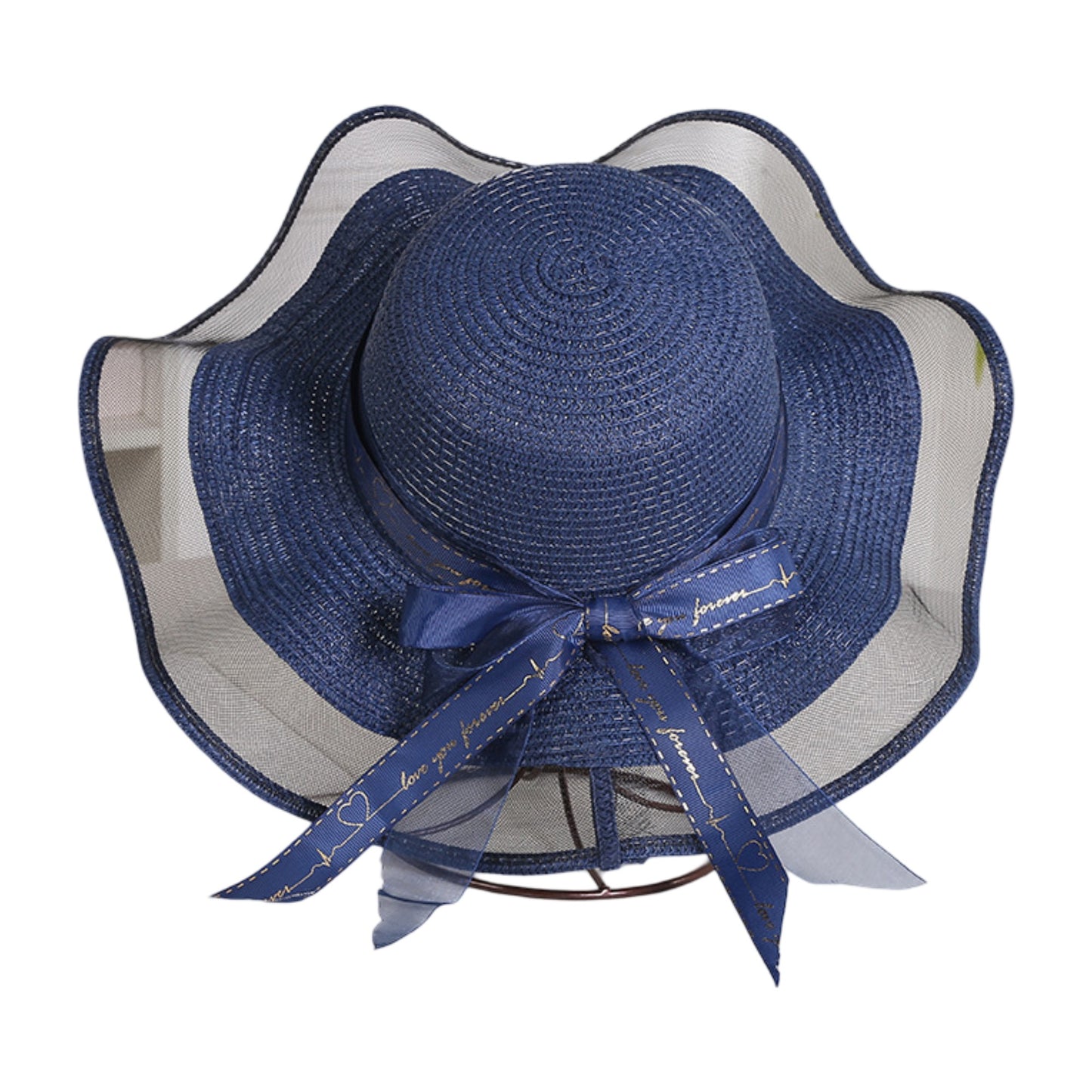 Wide Brim Straw Sun Hat Sheer Mesh Trim Bow Ribbon Summer Beach Hat Elegant Style