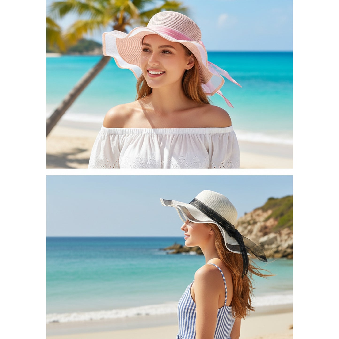 Wide Brim Straw Sun Hat Sheer Mesh Trim Bow Ribbon Summer Beach Hat Elegant Style
