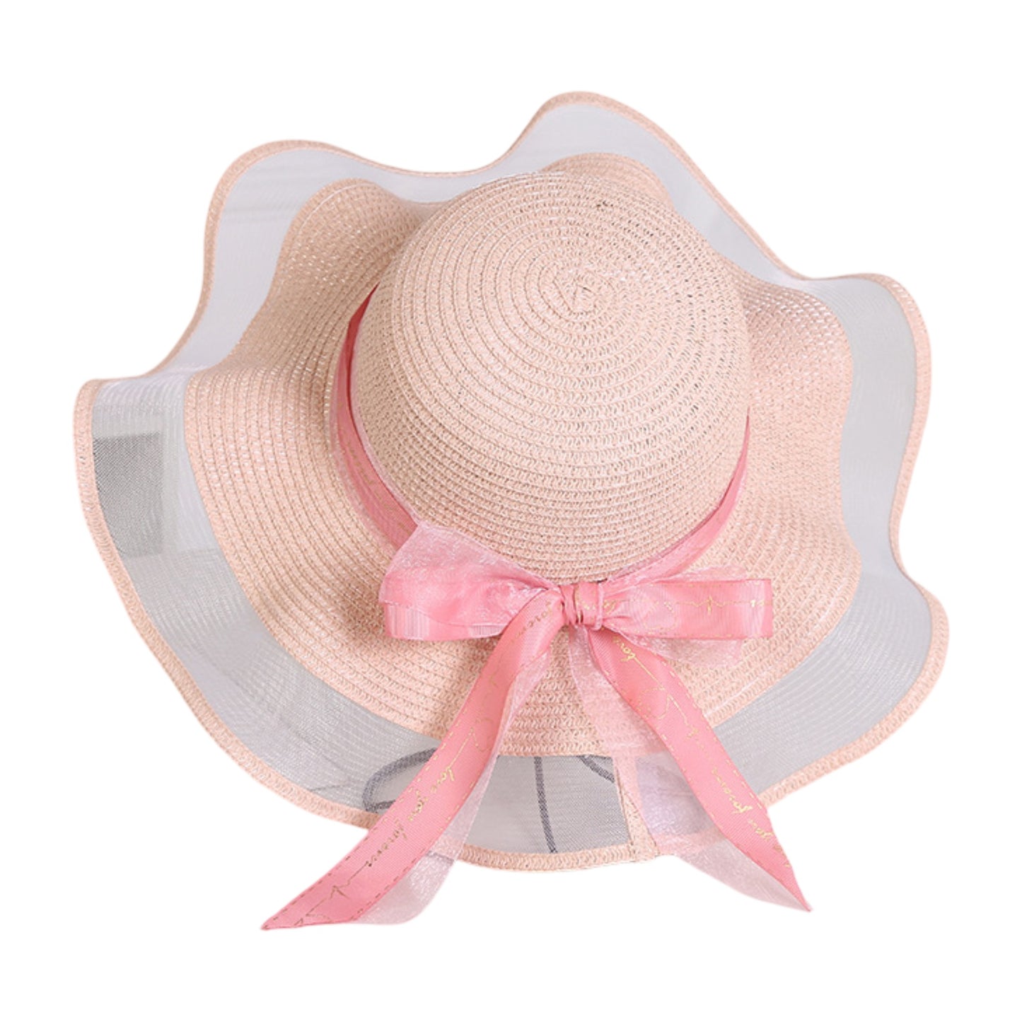 Wide Brim Straw Sun Hat Sheer Mesh Trim Bow Ribbon Summer Beach Hat Elegant Style