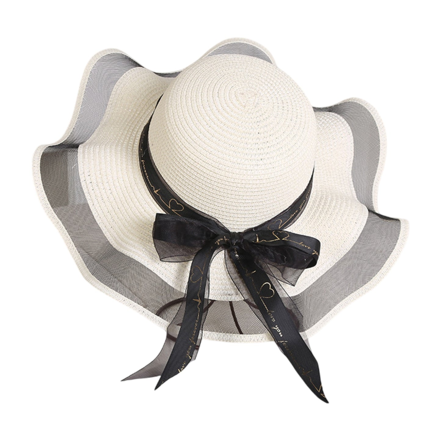 Wide Brim Straw Sun Hat Sheer Mesh Trim Bow Ribbon Summer Beach Hat Elegant Style