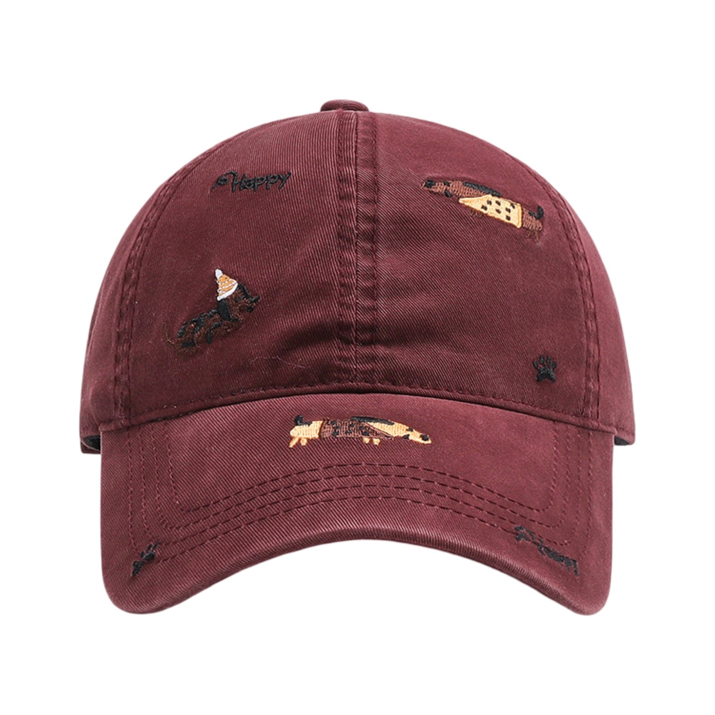 Cotton Baseball Cap Embroidered Dog Pattern Adjustable Strap Breathable Casual Hat