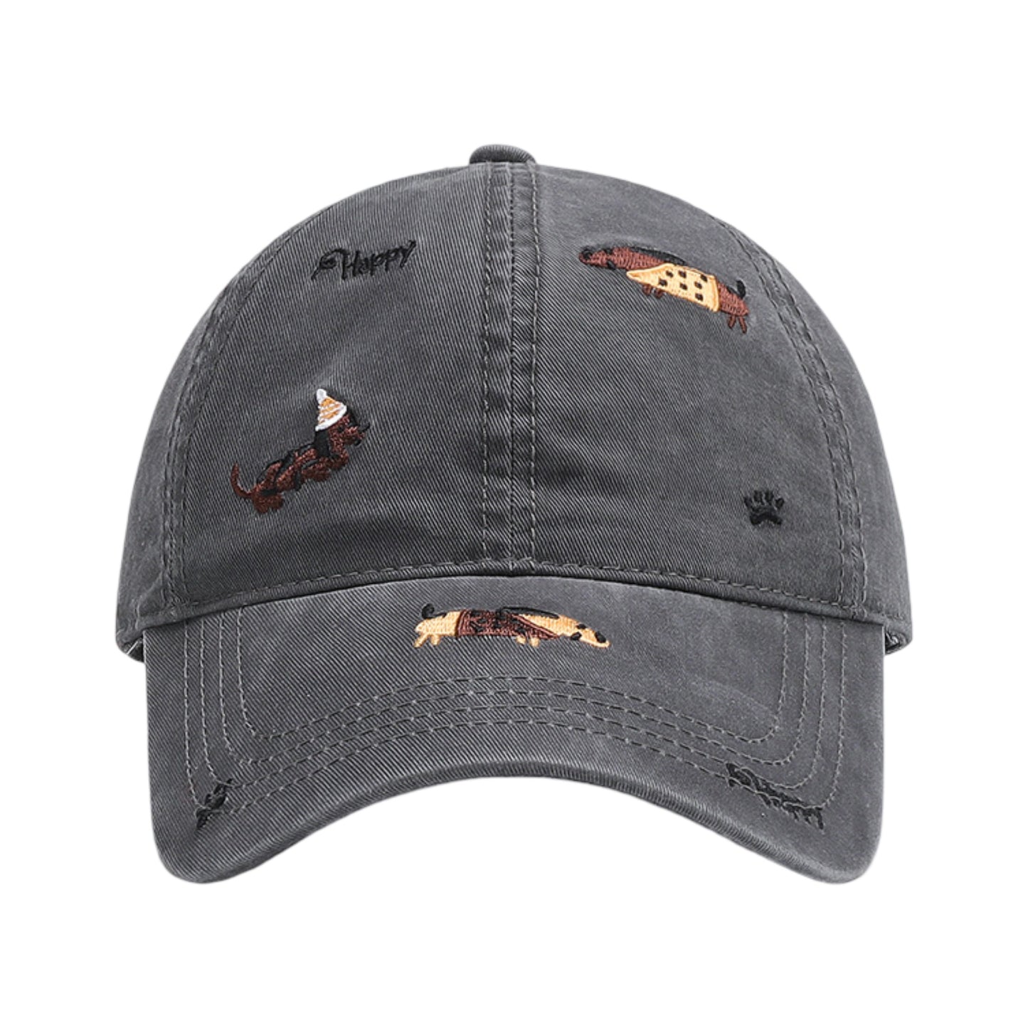 Cotton Baseball Cap Embroidered Dog Pattern Adjustable Strap Breathable Casual Hat