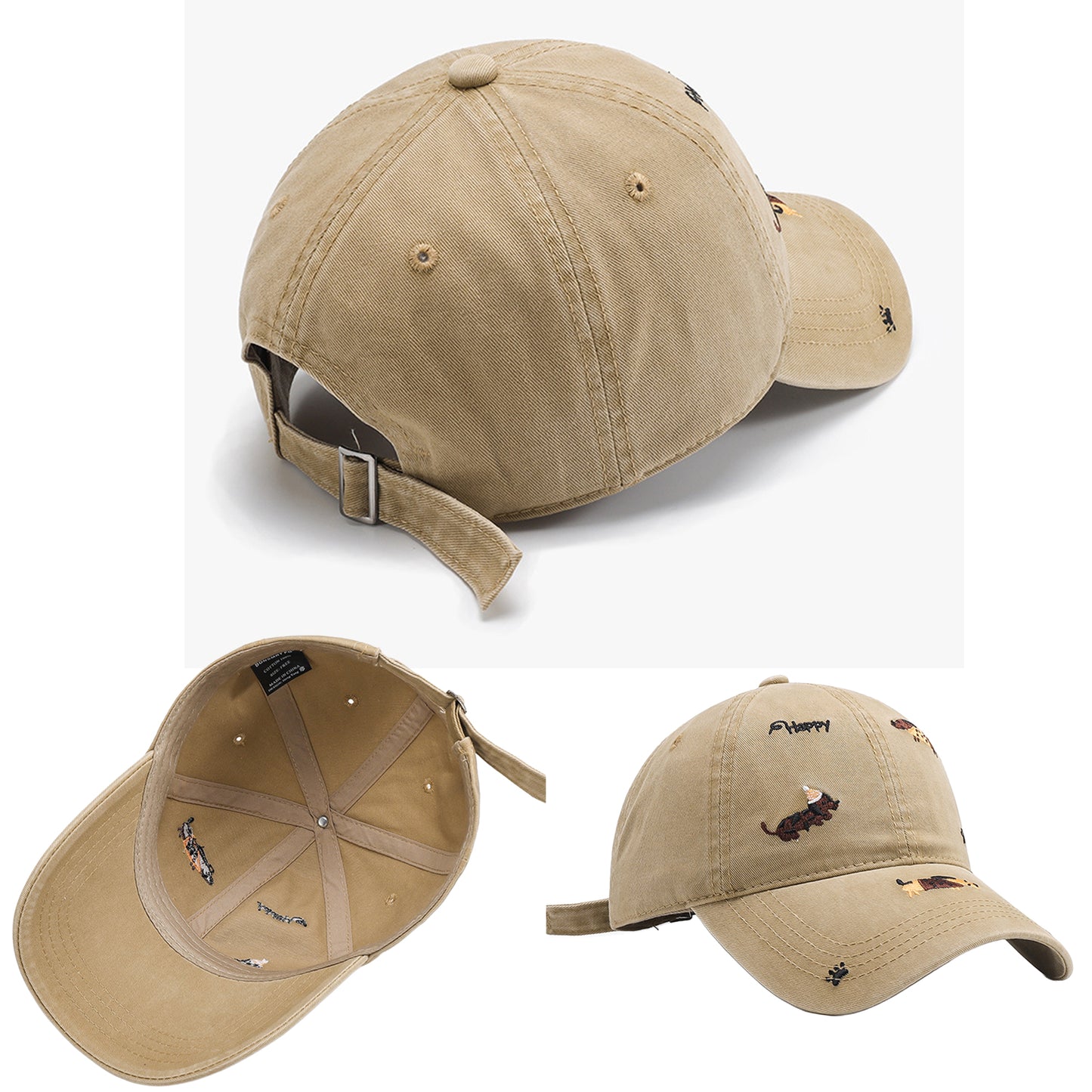 Cotton Baseball Cap Embroidered Dog Pattern Adjustable Strap Breathable Casual Hat