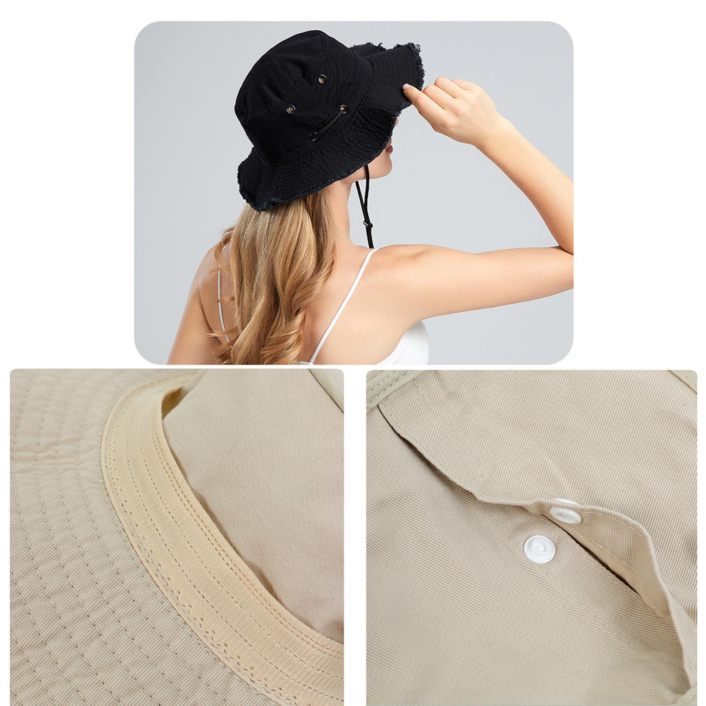 Wide Brim Bucket Hat Adjustable Chin Strap Sun Hat Foldable Packable Outdoor Hat