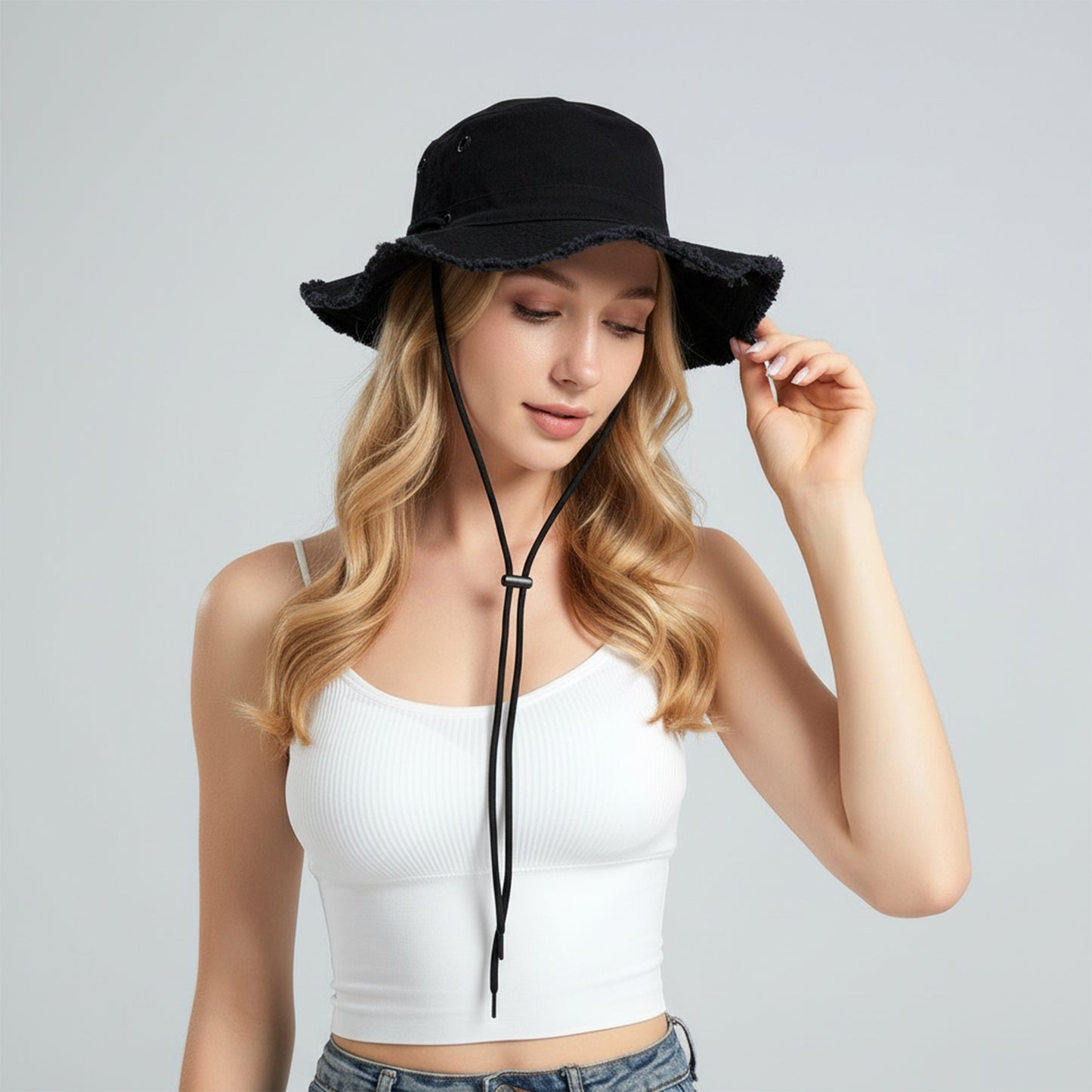 Wide Brim Bucket Hat Adjustable Chin Strap Sun Hat Foldable Packable Outdoor Hat