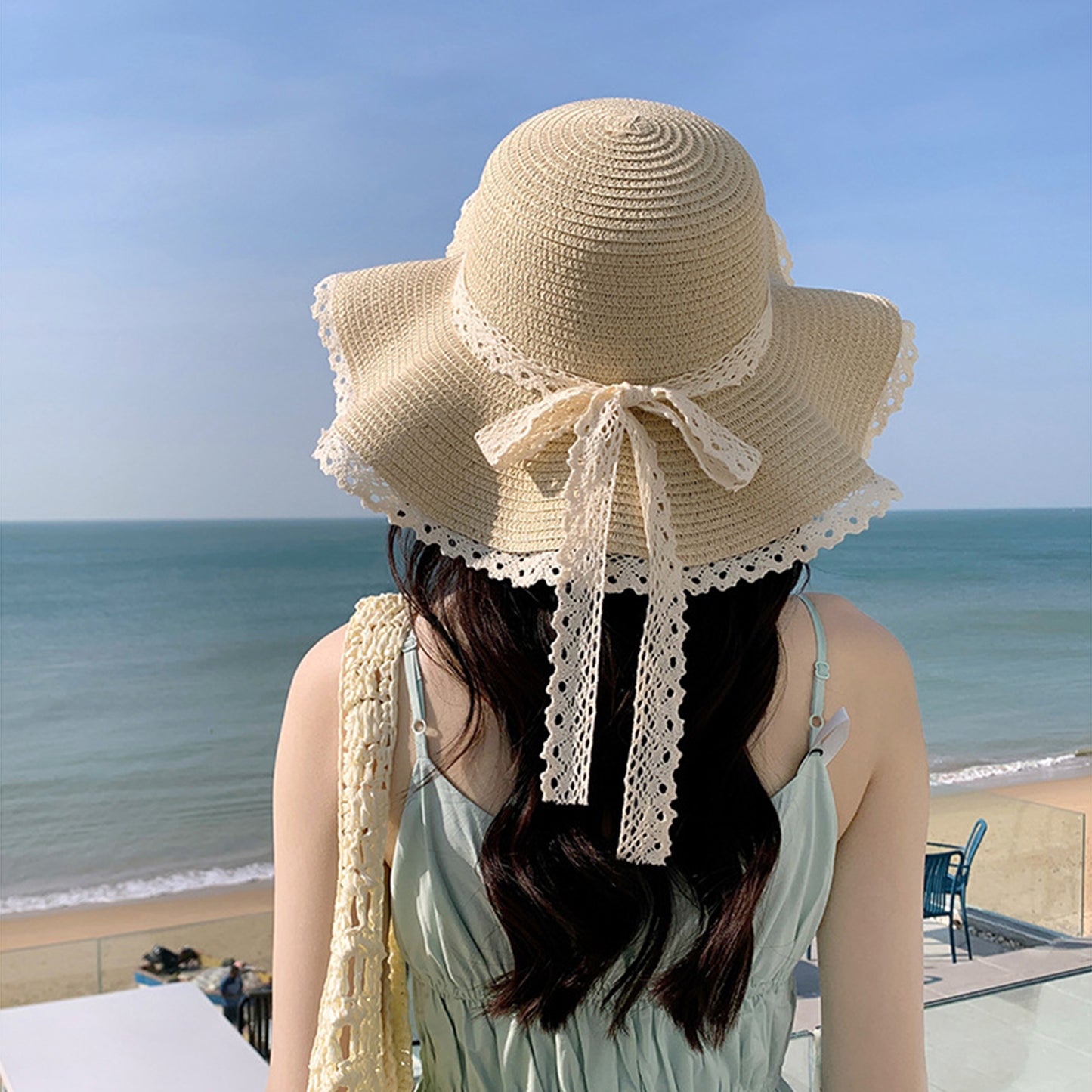 Wide Brim Straw Sun Hat Lace Trim Bow Adjustable Chin Strap Breathable Packable Summer Beach Hat