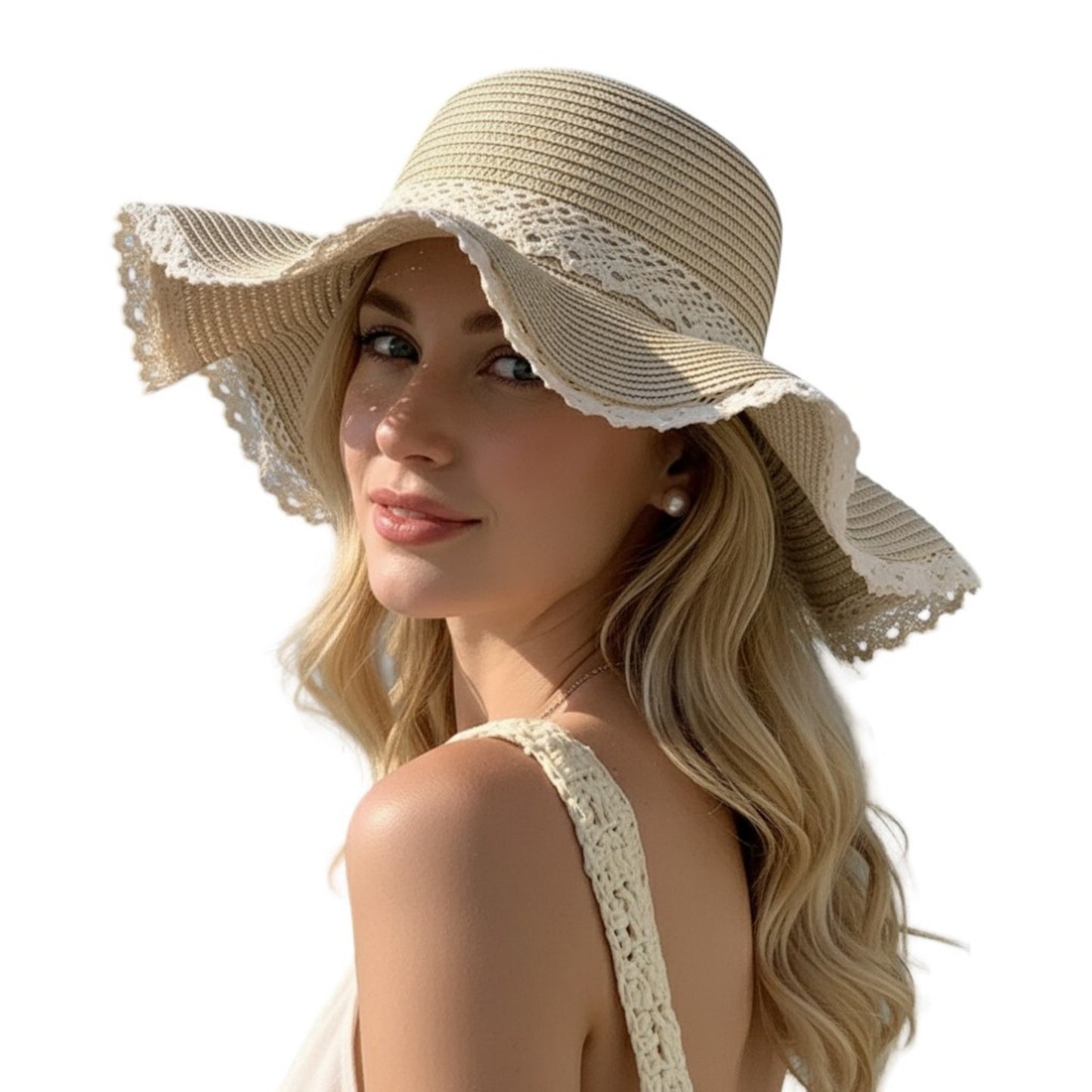 Wide Brim Straw Sun Hat Lace Trim Bow Adjustable Chin Strap Breathable Packable Summer Beach Hat