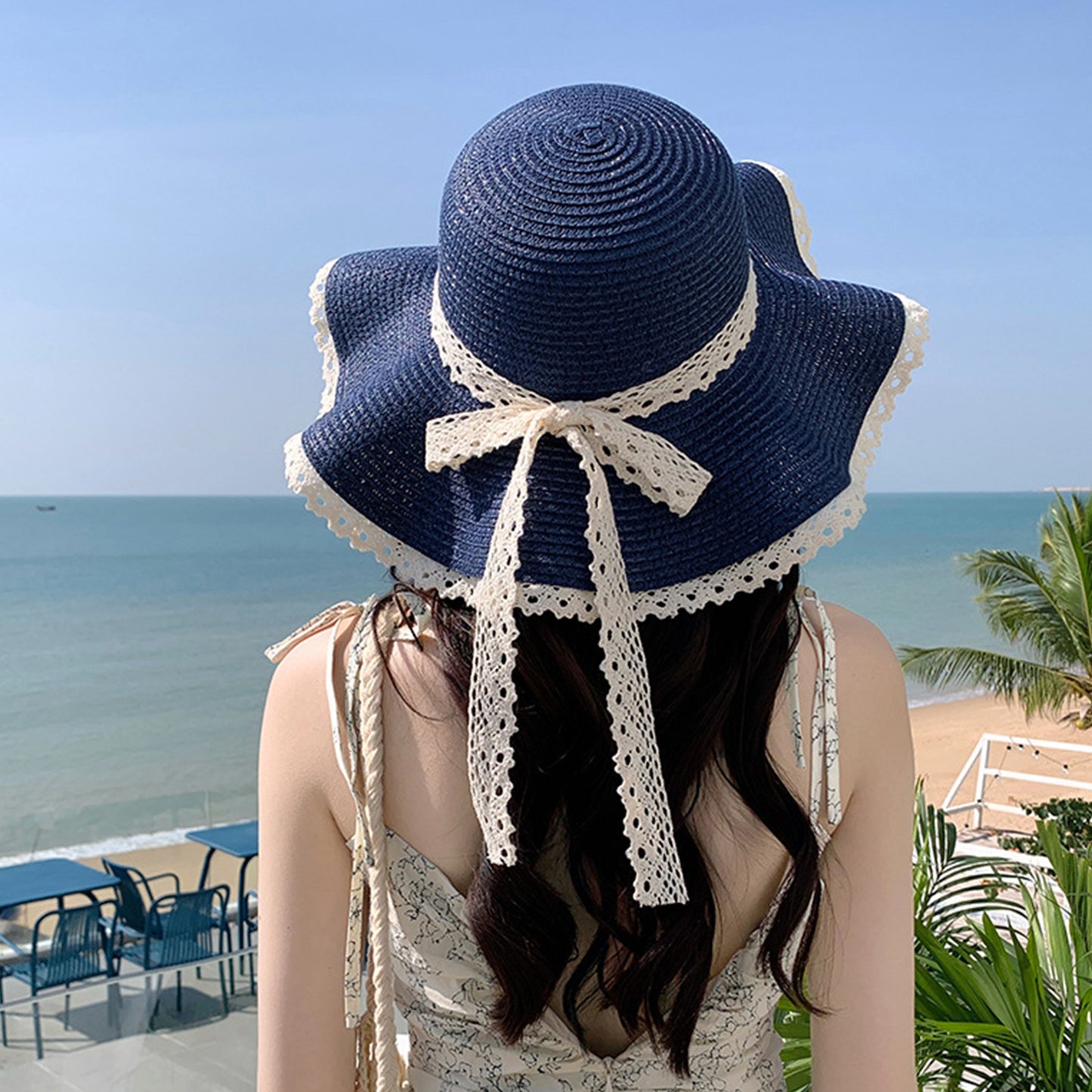 Wide Brim Straw Sun Hat Lace Trim Bow Adjustable Chin Strap Breathable Packable Summer Beach Hat