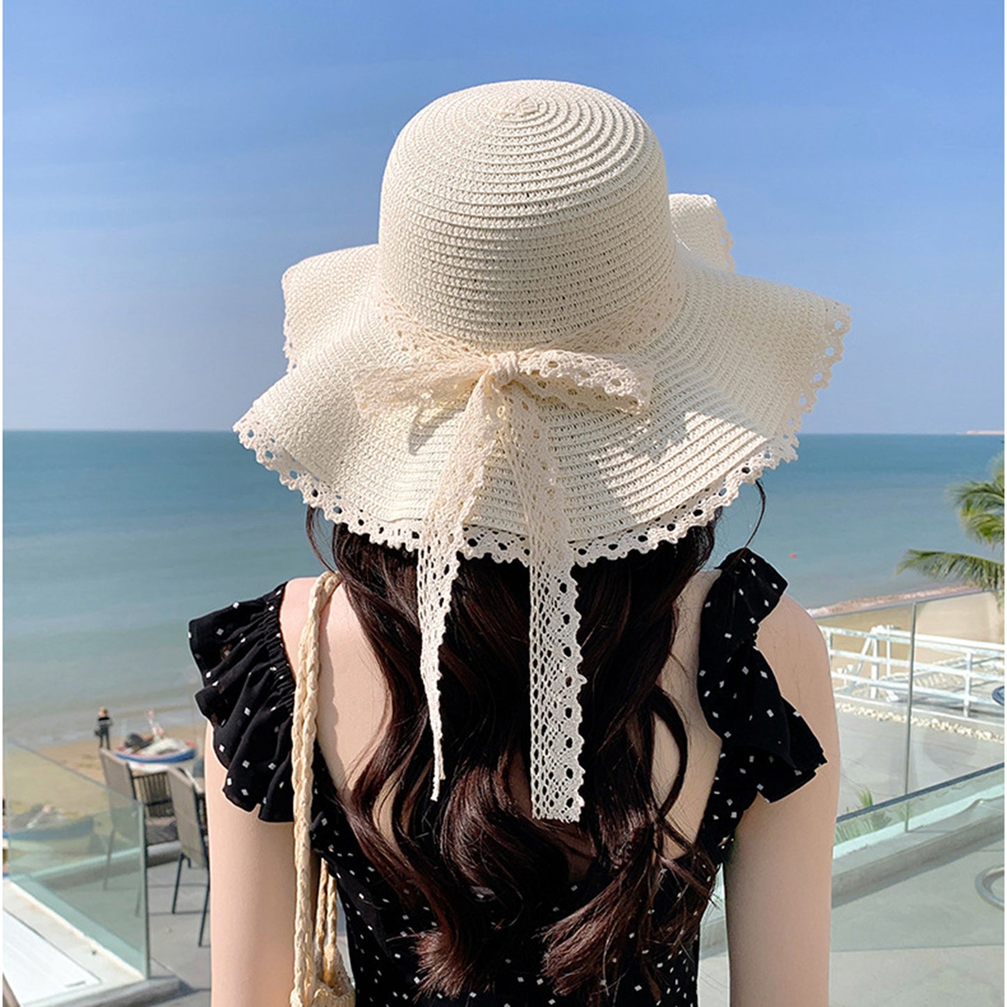 Wide Brim Straw Sun Hat Lace Trim Bow Adjustable Chin Strap Breathable Packable Summer Beach Hat