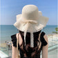 Wide Brim Straw Sun Hat Lace Trim Bow Adjustable Chin Strap Breathable Packable Summer Beach Hat