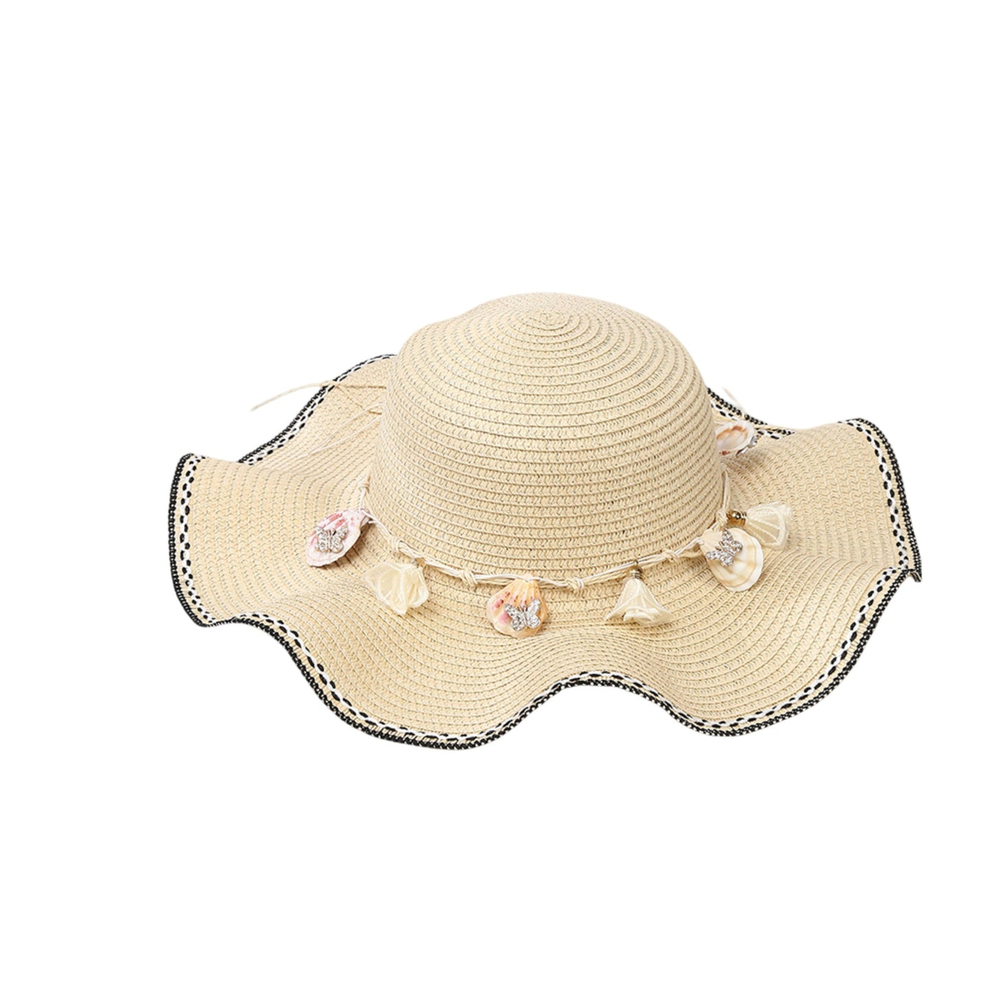 Wide Brim Straw Sun Hat Wavy Edge Shell Trim Beach Hat Adjustable Inner Band Packable Hat