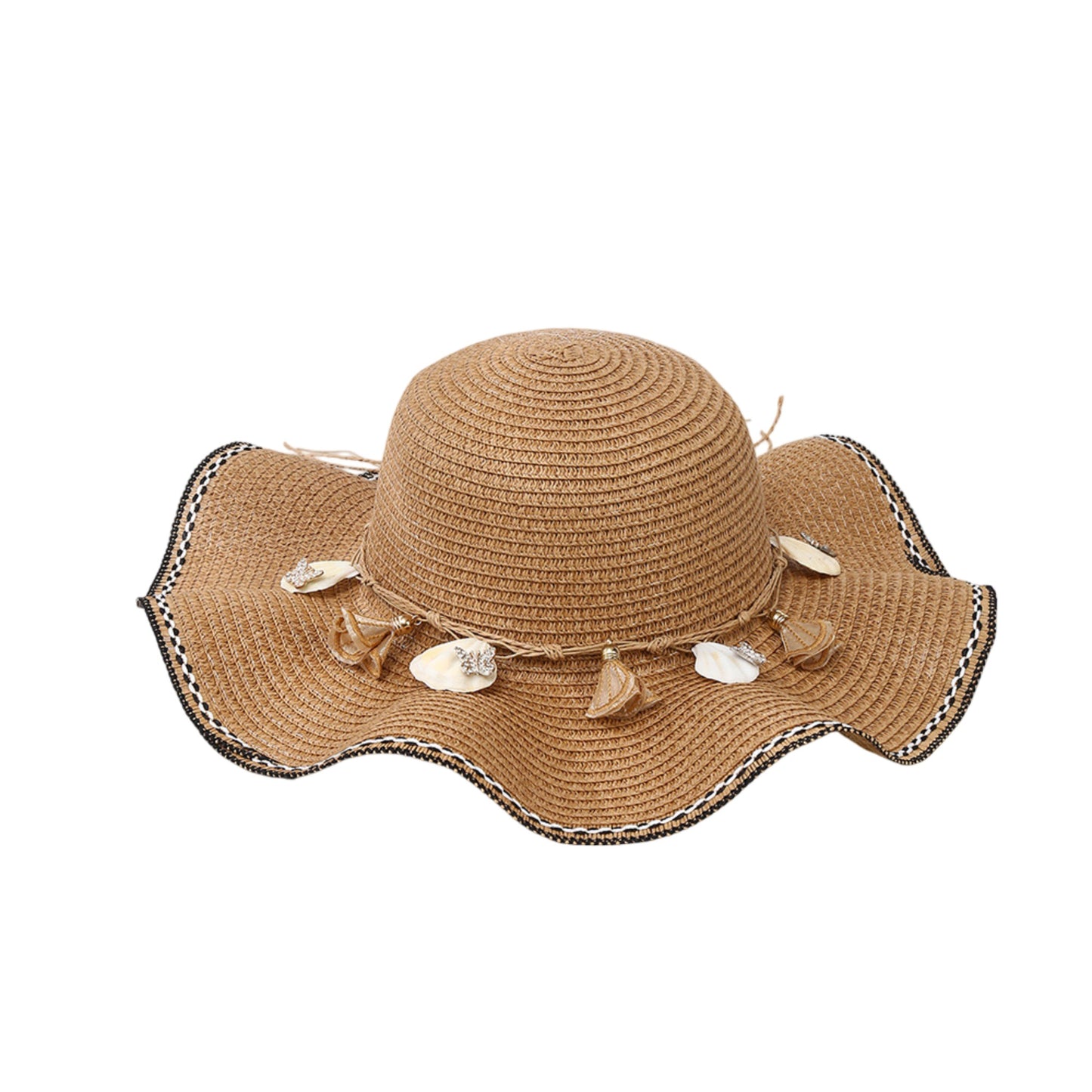 Wide Brim Straw Sun Hat Wavy Edge Shell Trim Beach Hat Adjustable Inner Band Packable Hat