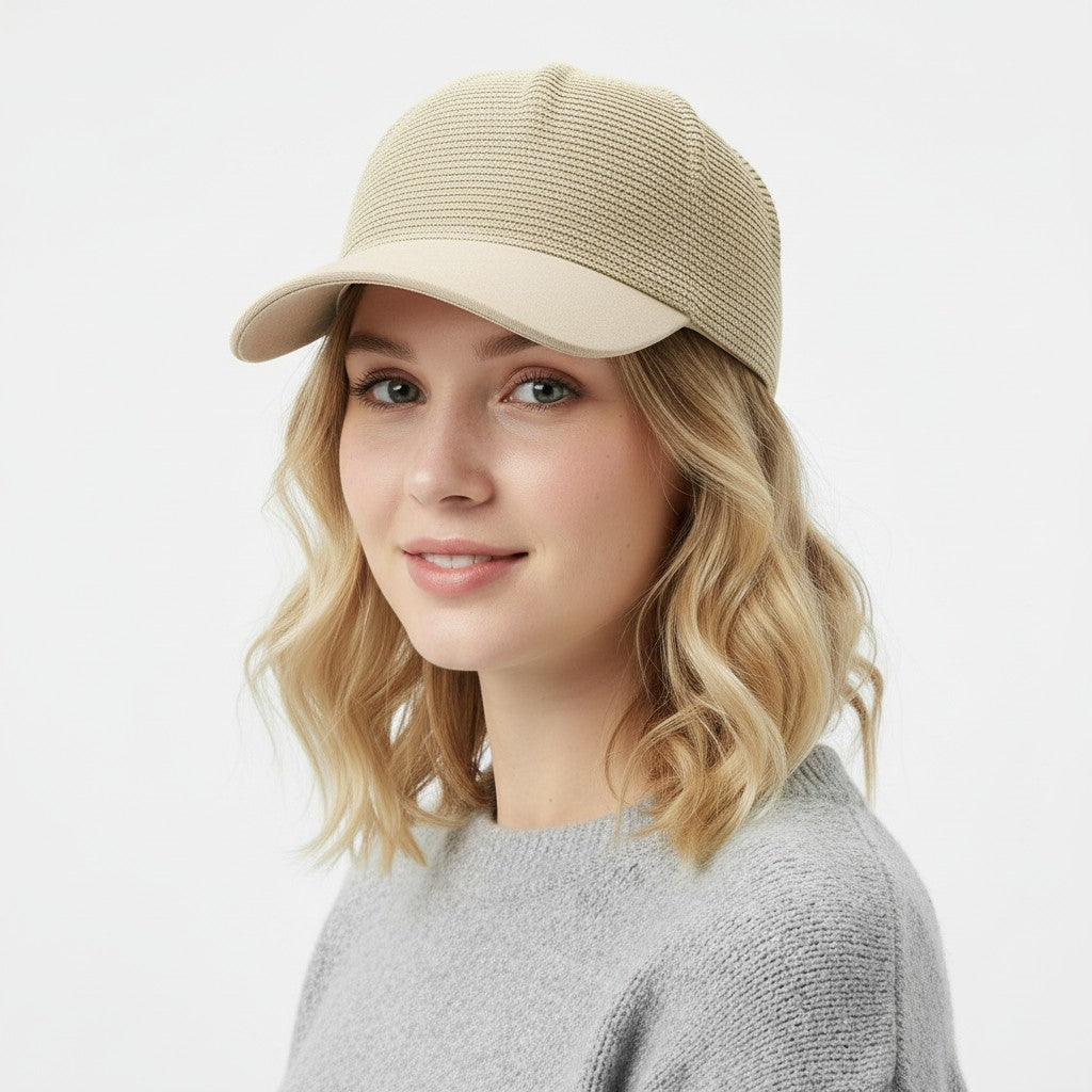 Women Straw Baseball Cap Woven Crown Fabric Brim Lightweight Breathable Summer Hat