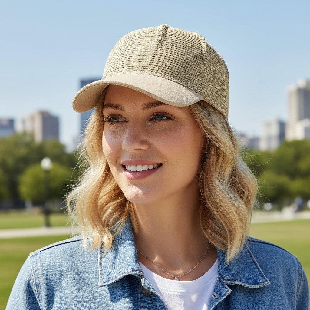 Women Straw Baseball Cap Woven Crown Fabric Brim Lightweight Breathable Summer Hat