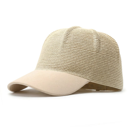 Women Straw Baseball Cap Woven Crown Fabric Brim Lightweight Breathable Summer Hat